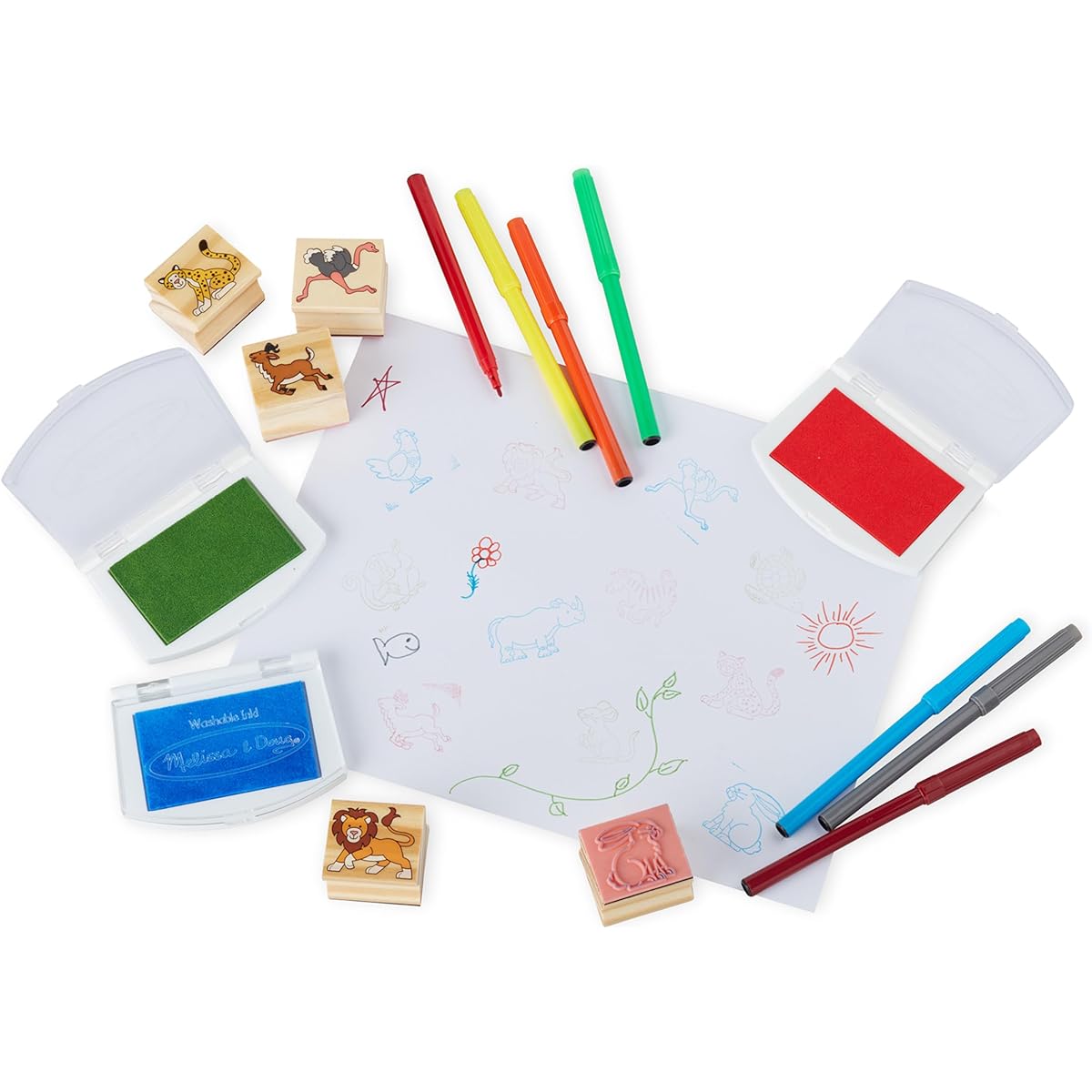 Melissa & Doug Jumbo Deluxe Wooden Stamp Set - Animals (40 Stamps, 7 Markers, 3-Color Ink Pad)