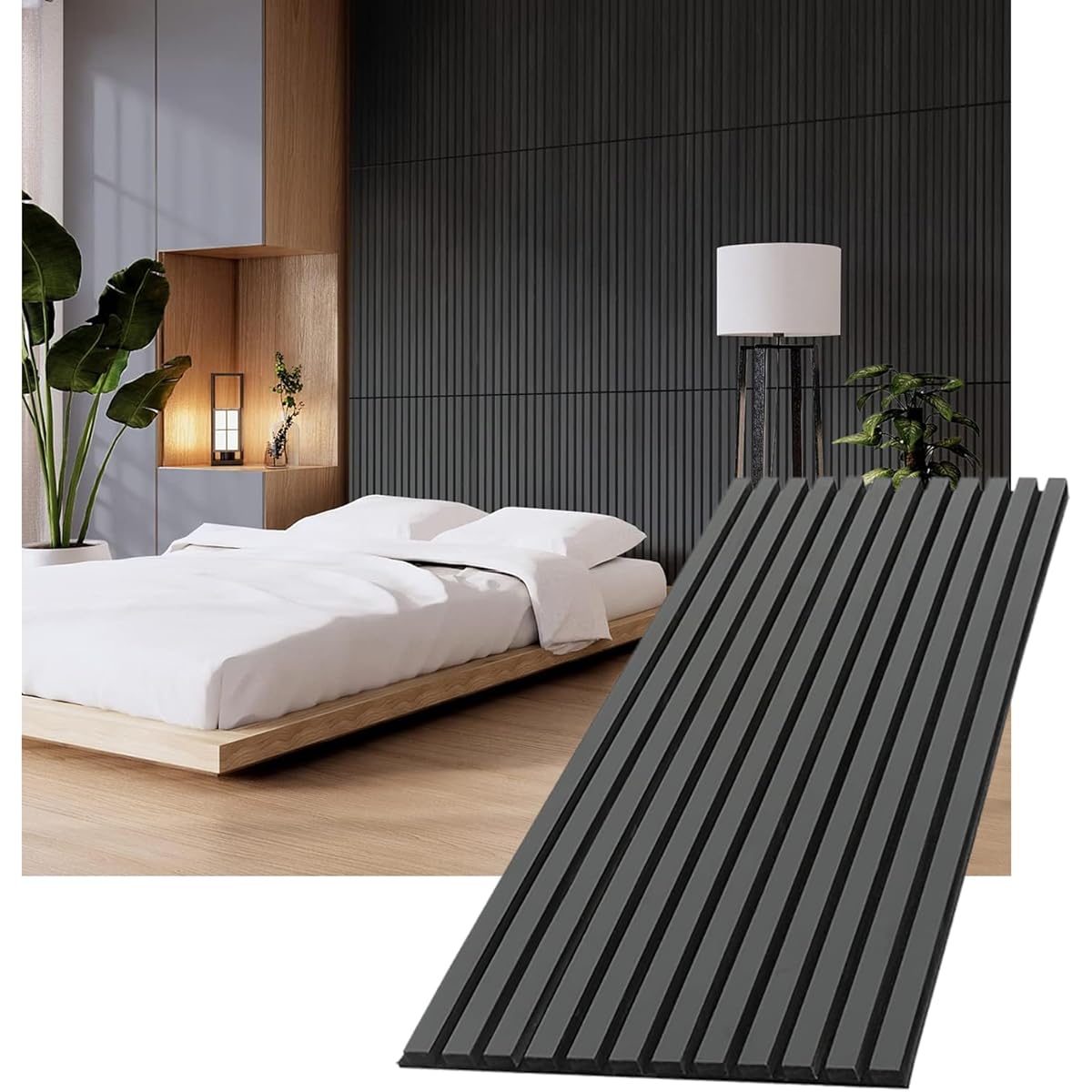 Acoustic Wood Slat Panels for Interior Wall Decoration, Soundproof Wall Panels, 3D Slat Wood Panels, Bedroom Sound Absorption Decoration, Seamless Joint, 43.3" x 18.9", Black, 2 Pieces