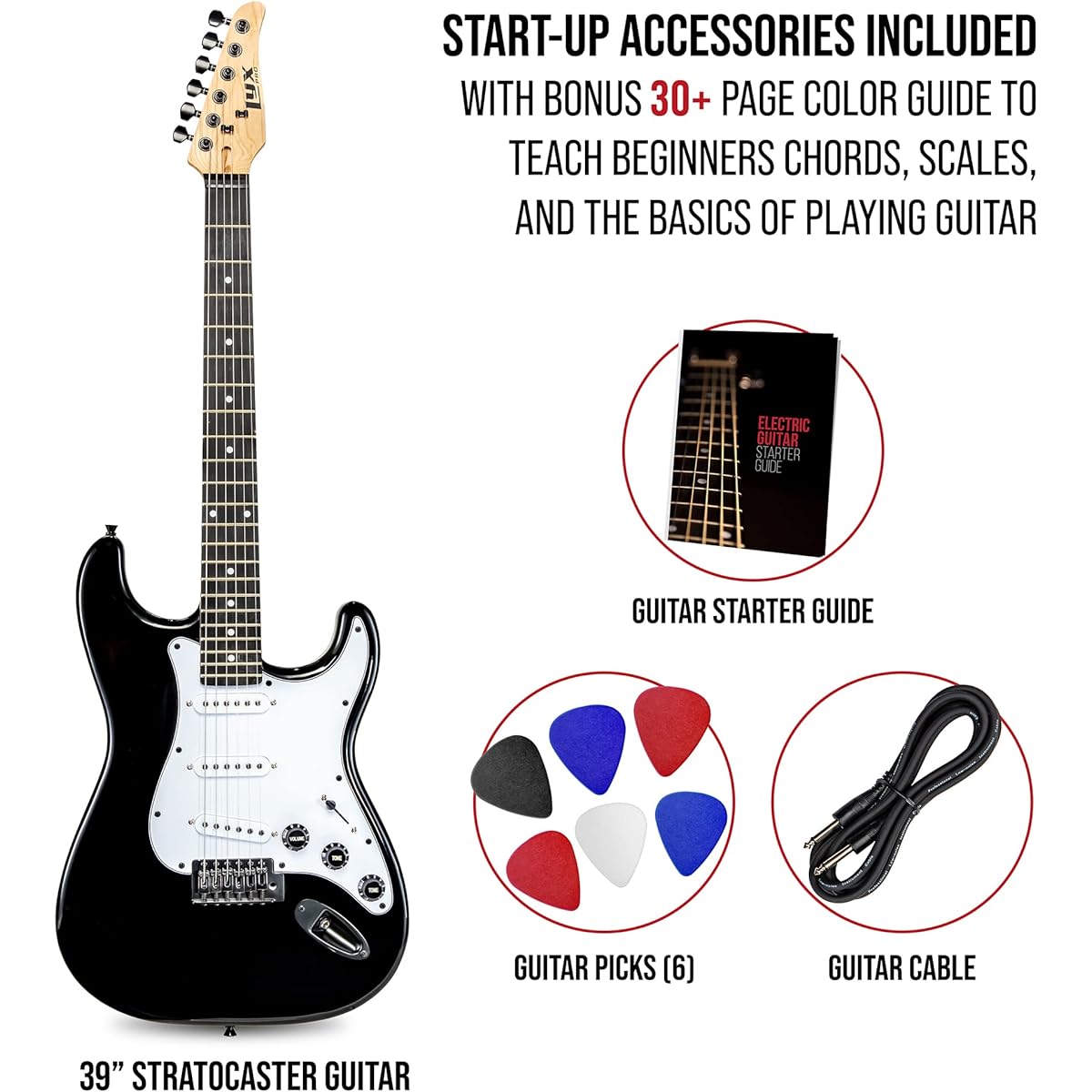 LyxPro CS 39" Electric Guitar Stratocaster Kit for Beginners/Intermediate/Pro Players Includes Guitar, Amplifier Cable, 6 Picks & Learner's Guide | Solid Wood Body Volume/Tone Control 5-Way Pickup - Black