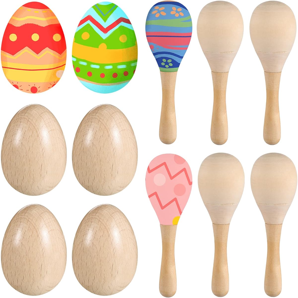 12pcs DIY Easter Egg Shakers Maracas Set for Toddlers, 6 Unpainted Wooden Eggs DIY Wooden Maracas Mini Baby Musical Instruments Percussion Instruments for Painted Easter Crafts