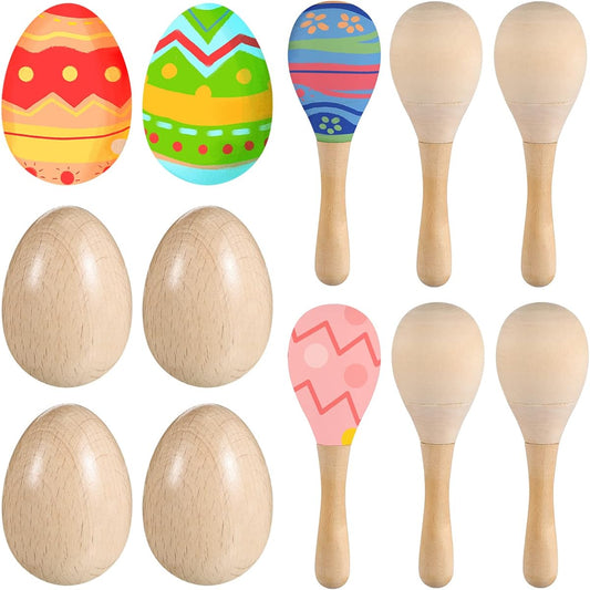 12pcs DIY Easter Egg Shakers Maracas Set for Toddlers, 6 Unpainted Wooden Eggs DIY Wooden Maracas Mini Baby Musical Instruments Percussion Instruments for Painted Easter Crafts