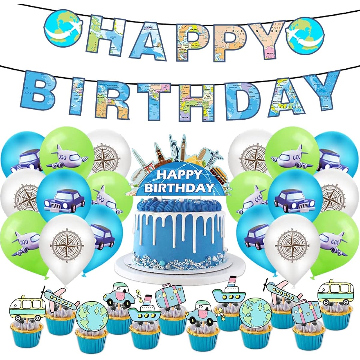 Dulousia Travel Theme Birthday Party Decorations - Happy Birthday Banner, Around the World Travel Balloons, Adventure Cupcake Toppers, Retirement Farewell Party, Baby Shower, Graduation