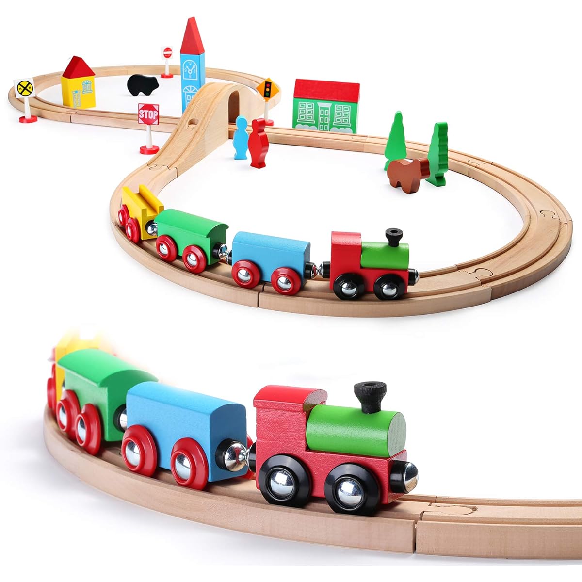 SainSmart Jr. Wooden Train Set for Toddlers with Double Sided Train Track for Brio Thomas Melissa Doug Wooden Toys for 3, 4, 5 Year Old Boys and Girls