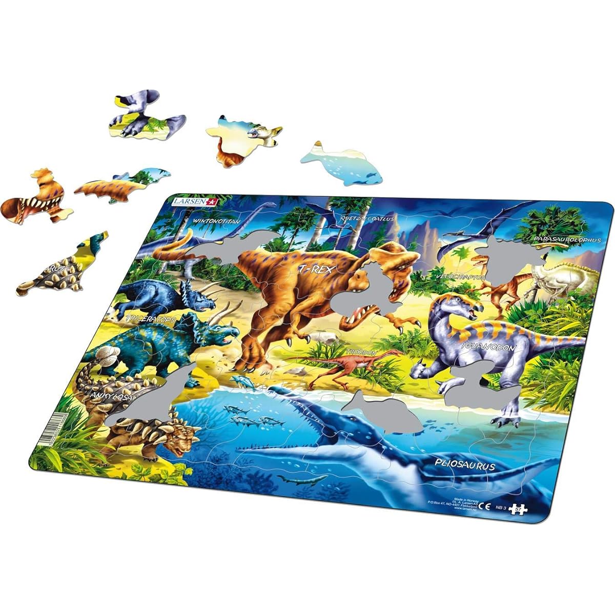Larsen Puzzles Dinosaur Educational Jigsaw Puzzle - 57 Piece Tray & Frame Style Puzzle - Exclusive Premium Handmade Imported from Norway