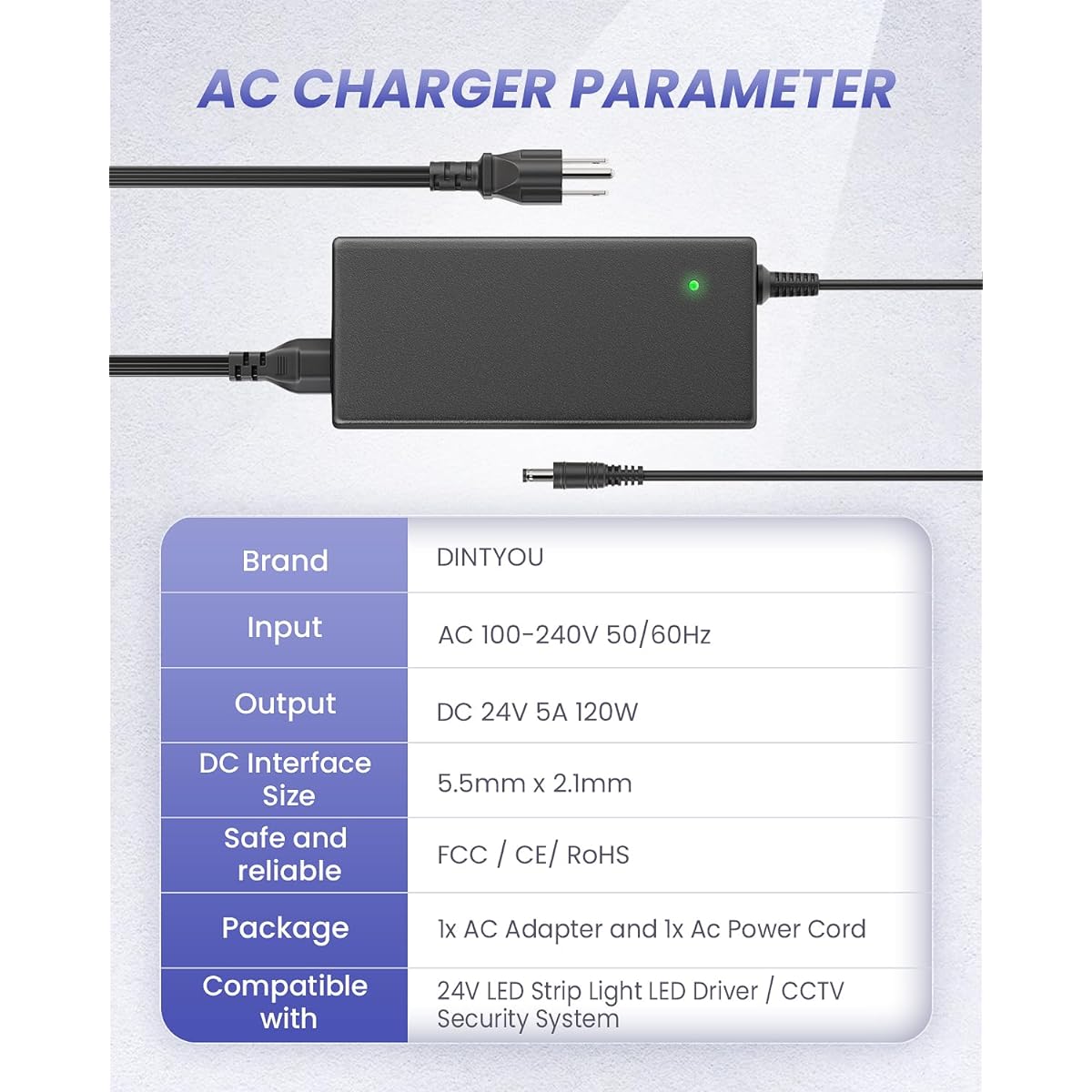 Power Adapter for LED Strip Lights Wireless Router ADSL Cat Hub Switch Security Camera Audio/Video 100-240V~DC 24V 5A Power Supply