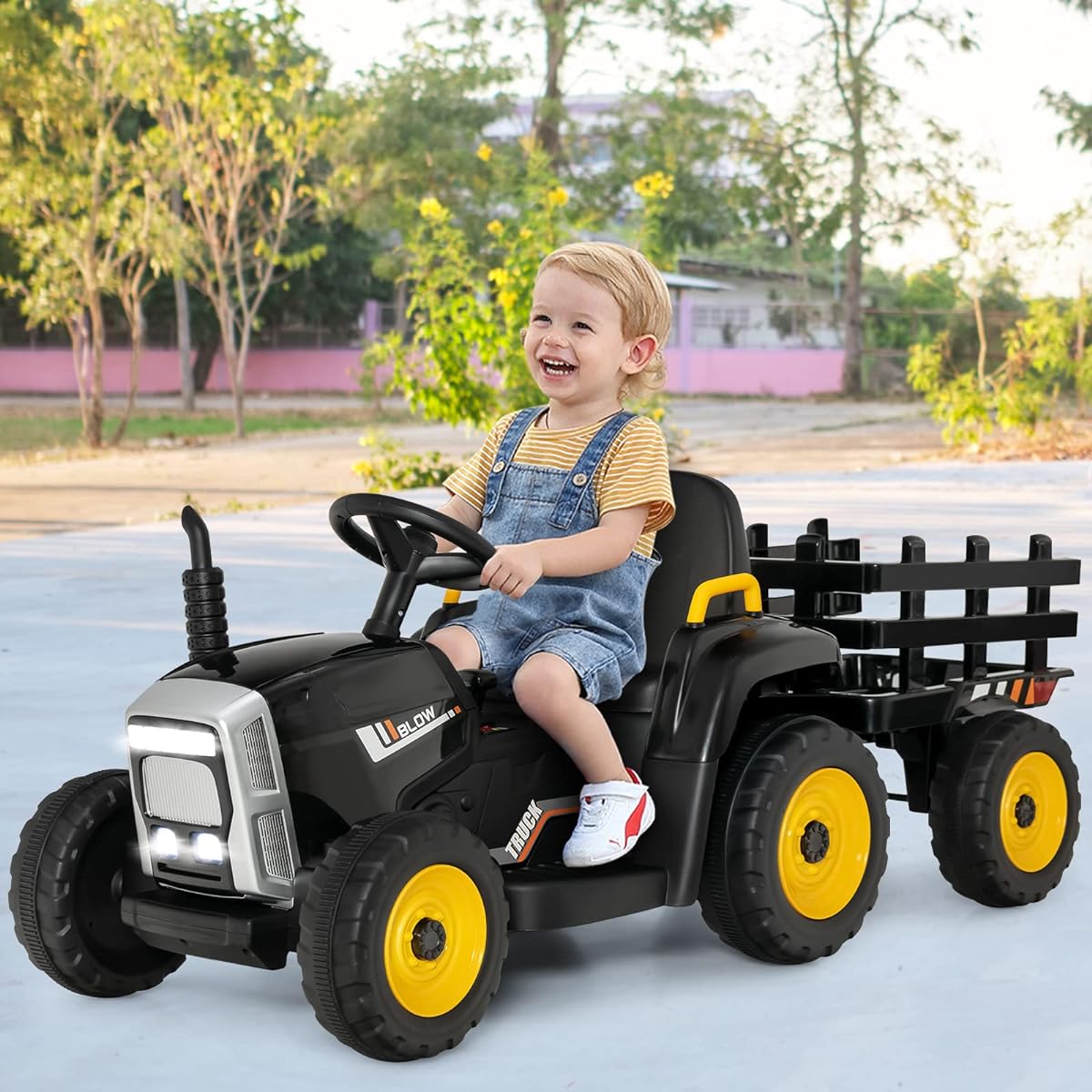 HONEY JOY Ride On Tractor with Trailer 12V Electric Car for Kids, 3 Gear Shift Ground Loader with LED Lights, Horn, Music, Battery Powered, Car Remote Control, Boys Girls Gift (Black)
