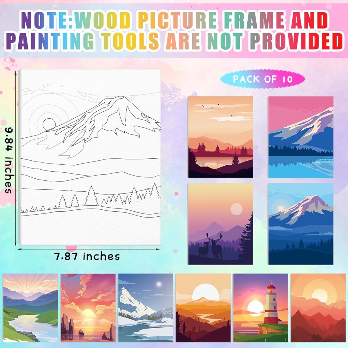 Chuangdi 10 Pieces 8 x 10 Inch Pre-drawn Cotton Canvas Kit Bundle Sip and Paint Kit for Adults Date Night Paint Party Birthday Gift No Wooden Picture Frame 10 Styles (Scenery)