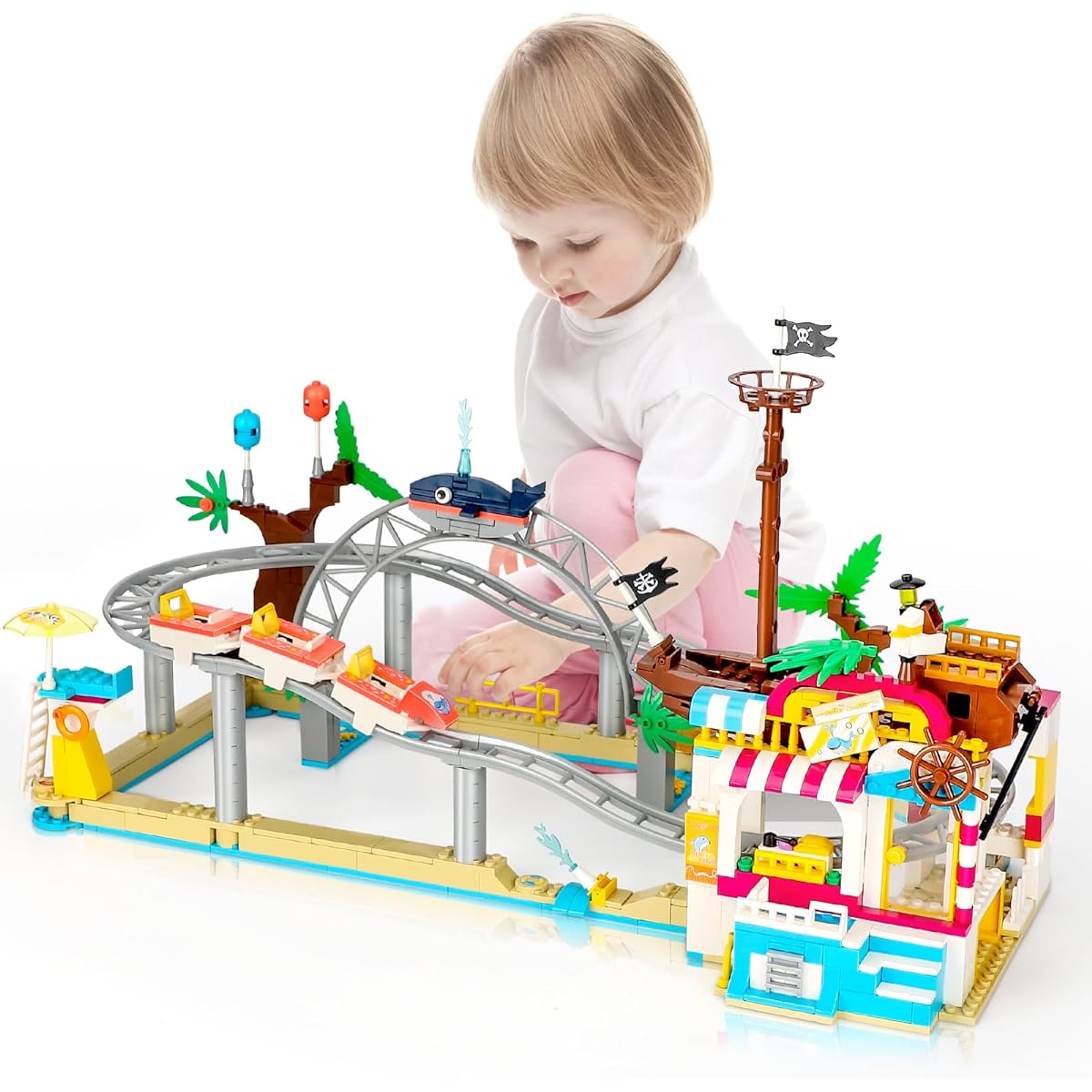 QLT QIAOLETONG Friends Roller Coaster Amusement Park Building Set Compatible with Lego Theme Park Building Kit with Roller Coaster & Pirate Ship Water Park Carnival Building Toys (648 Pieces)
