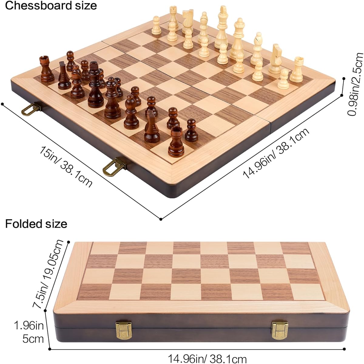 RERIVER 15 Inch Wooden Chess & Checkers Game Set Classic Folding Board Game Felt Game Board Interior for Storage with 2 Queen Piece Storage Slots