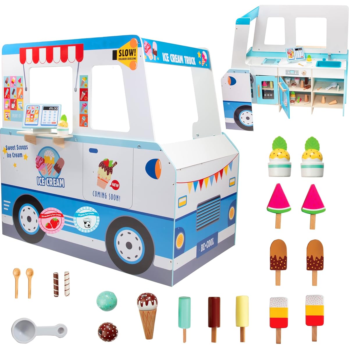 Ice Cream Truck Wooden Playset with 20 Fun Toys, Freezer with Handle, Sink & Sticker Sheet, Kids' Names, Popsicles, Cones, Scoopers & More for Outdoor Summer Fun