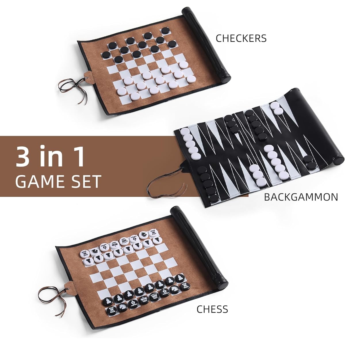 Magic Vosom 3-in-1 Backgammon Chess Checkers Set Roll Up Travel Game Set for Adults and Kids Black & Brown (3-in-1 Set)