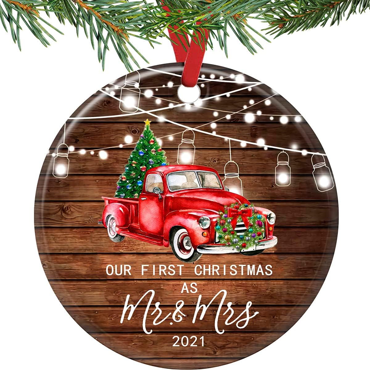 Mr Mrs Ornaments 2021 Wood Grain Christmas Tree Red Pickup Old World Christmas Ornaments Sign Wreath Christmas Ornaments Red Truck Christmas Ornaments