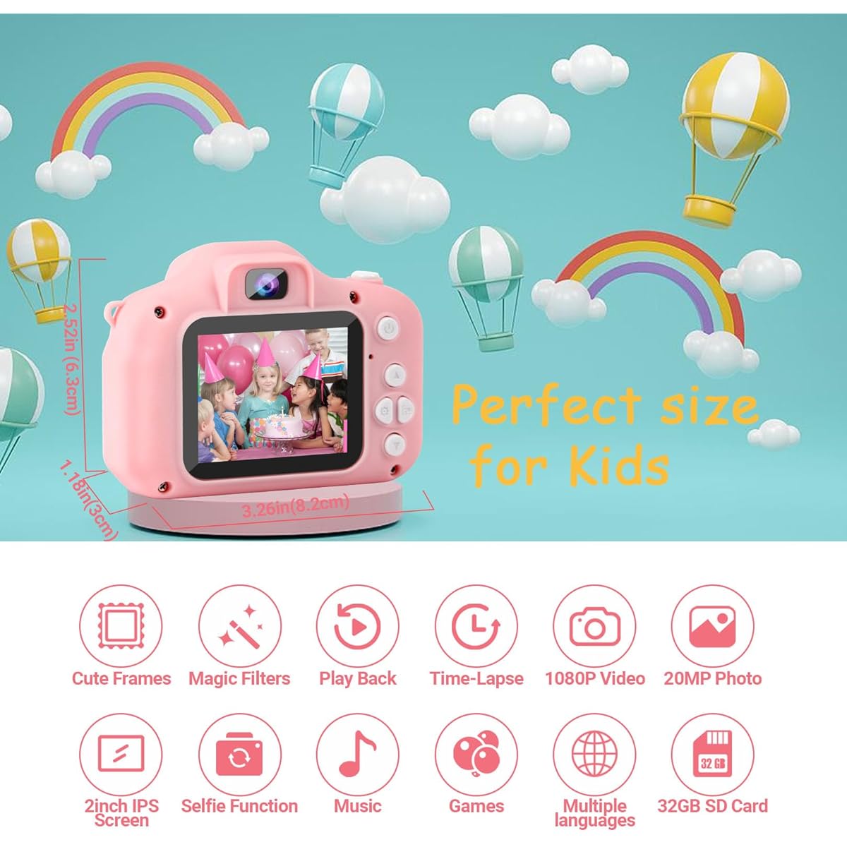 Texpot Kids Camera for Girls Kids Digital Camera 1080P HD Portable Toddler Camera Kids Selfie Camera with 32GB SD Card Toy Camera Christmas Birthday Gift for 3-12 Years Old Girls Boys Kids Pink