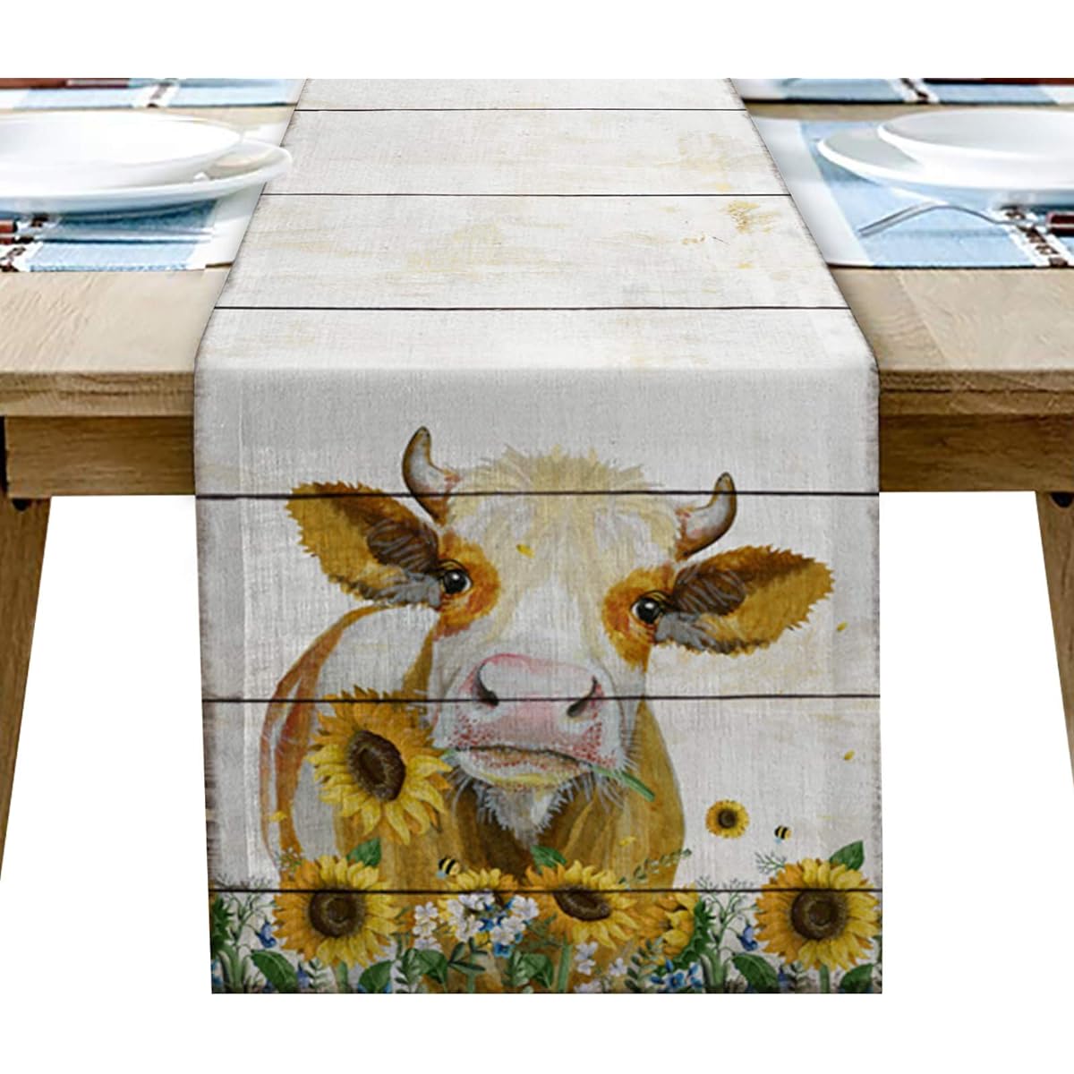 Burlap Table Runner Farm Animals Dresser Scarf Table Decorations for Everyday Use 13x108inch Dinner Parties Events Cow Sunflower Farmhouse Barn Wood Board