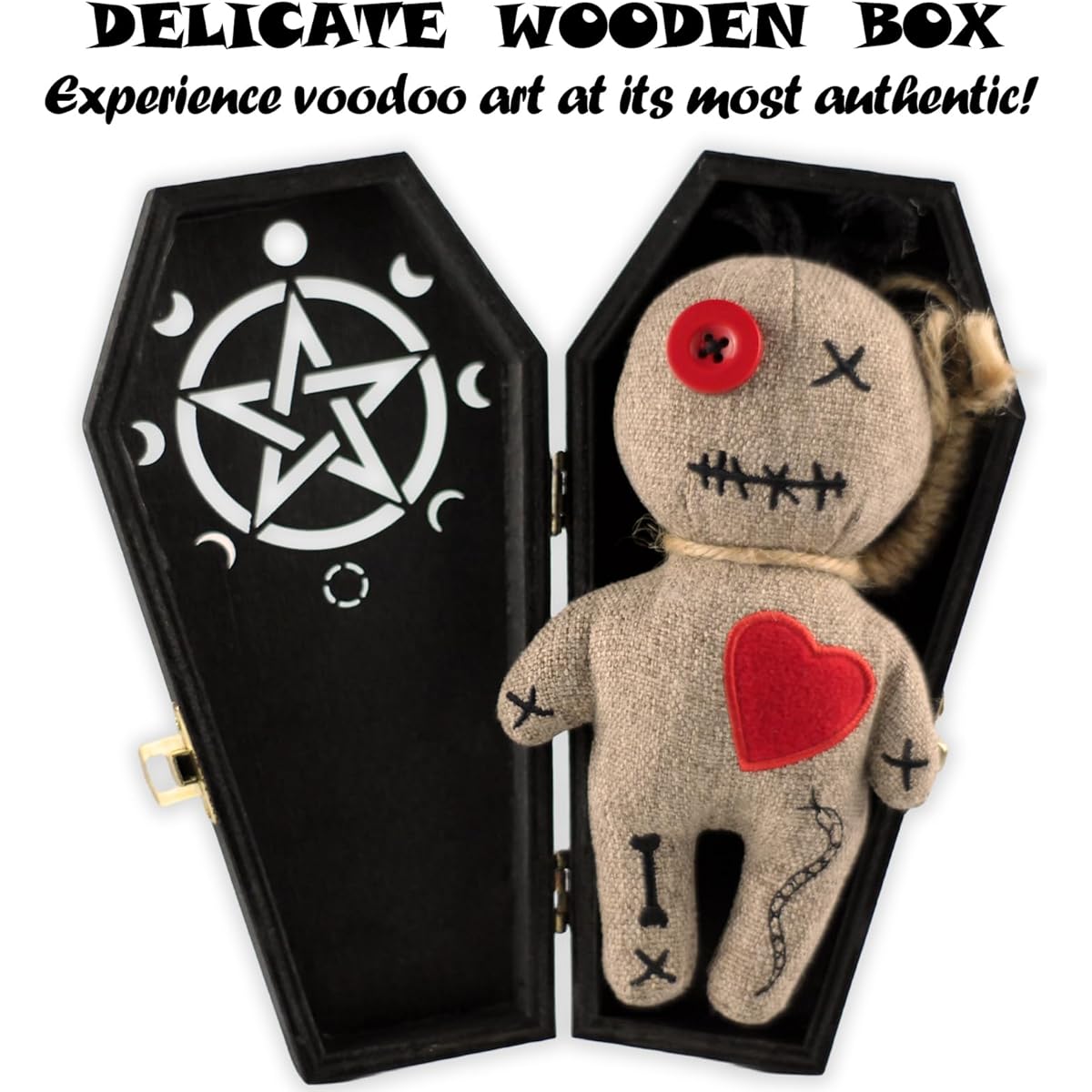 Ayidawedo Authentic LOA Voodoo Doll, Stress Relief Spell Cards, Gag Gift Pins in Wooden Coffin Box - Complete Set, Brown