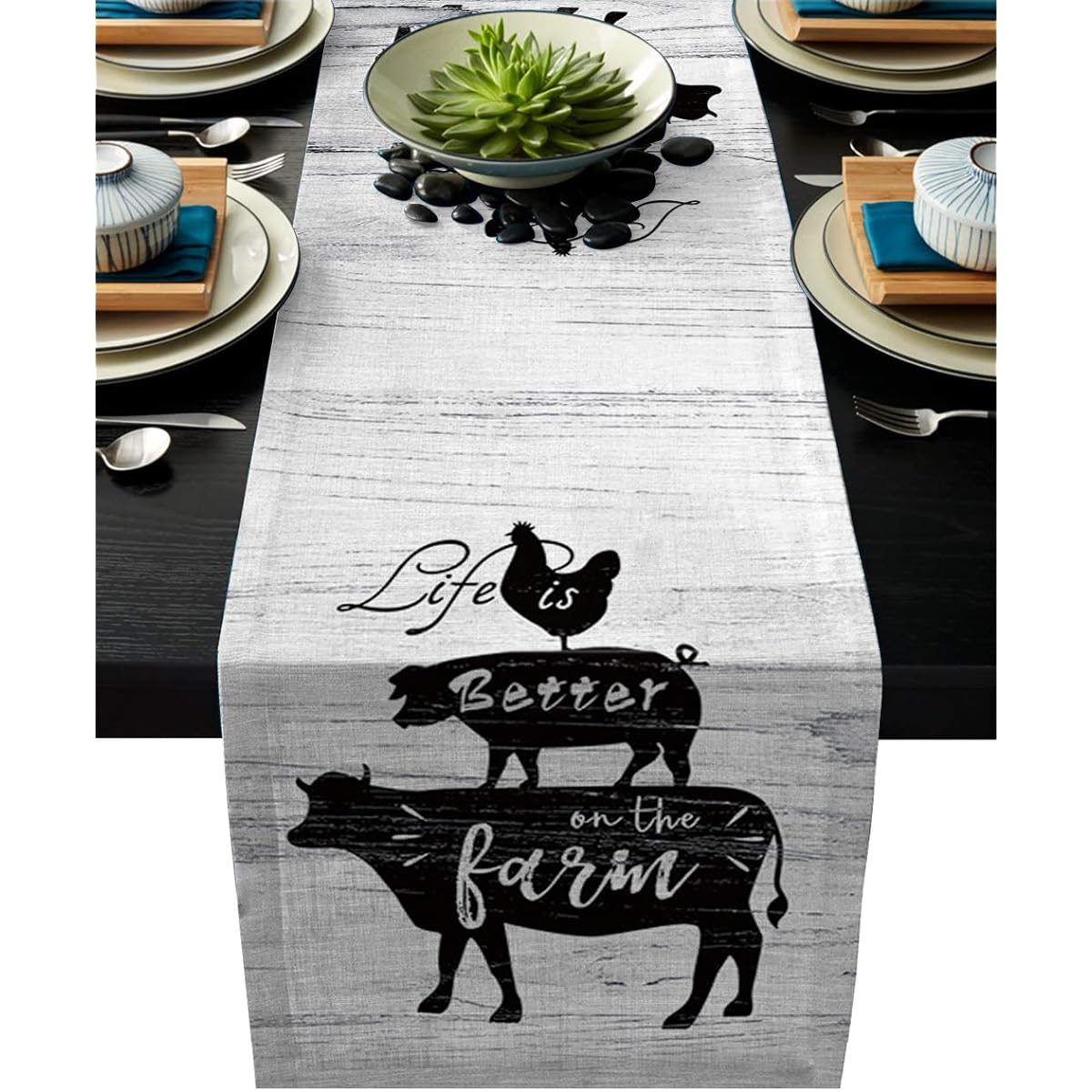 Vandarllin Cotton & Linen Table Runner Dresser Rooster Pig Cow Rustic Burlap Tablecloth for Farmhouse Table Wedding Picnic Decor 13 x 90 Inches Life is Better on The Fine Rustic Wood