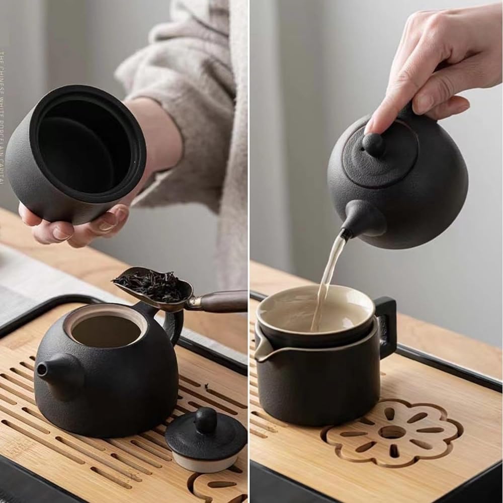 Tea Set, Ceramic Tea Cup, Japanese Teapot, Set of 11, Portable, Lightweight, Teapot & Cup Set, For Travel, For Going Out, For Home, For Parents And Children, Great Gift, Luxury, Stylish, Gift Wrapped, Carrying Case Included (B)