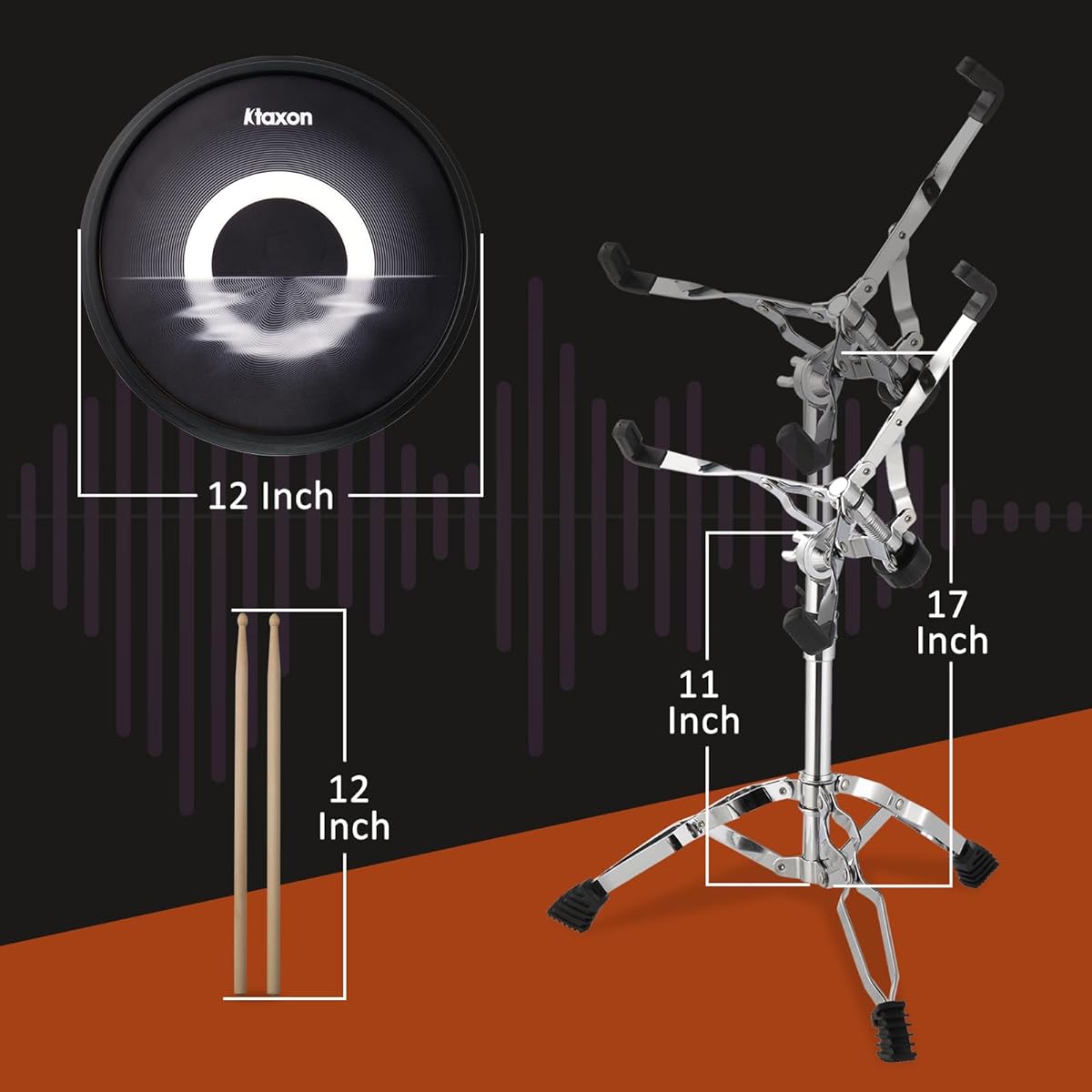 Ktaxon Drum Practice Pad Set Snare Drum Stand Kit with 12" Silent Drum Pad, Drumstick Holder, Bag, and 3 Pairs of Drumsticks. Height Adjustable Pad Stand Compatible with 10" to 14" Drums (Black)