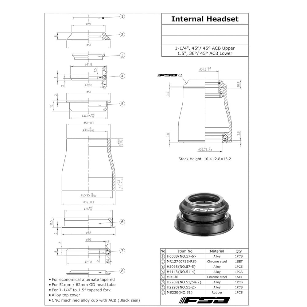 FSA No.51 1-1/4" - 1.5" Semi-integrated Headset #XTE1668