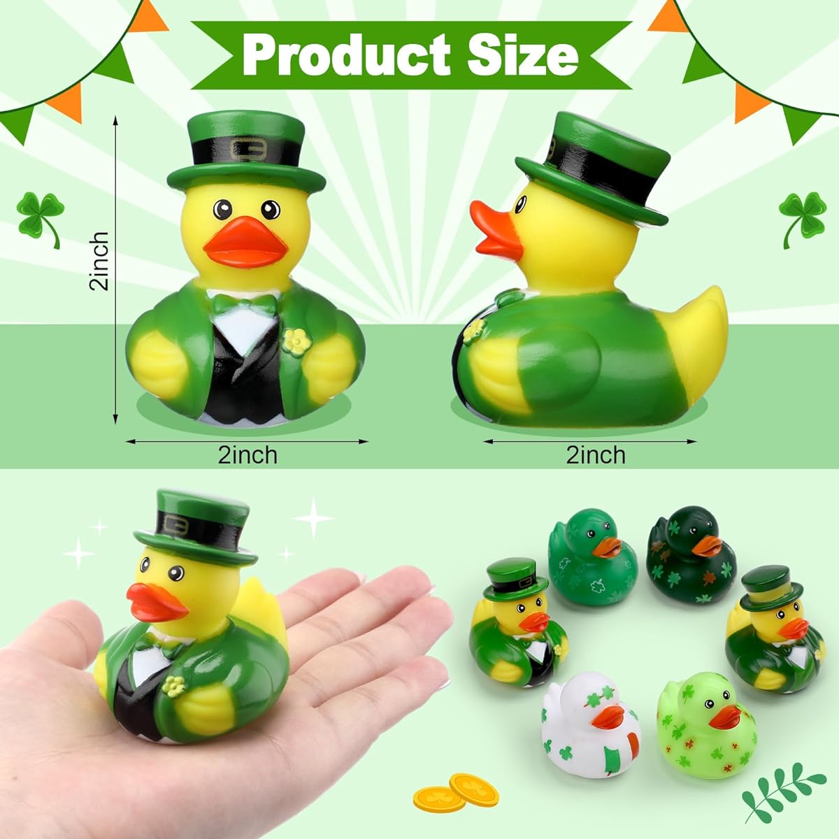 Jerify 96pcs St. Patrick's Day Rubber Ducks, 6 Styles Shamrock Ducks for Bath, Pool, Birthday, Irish St. Patrick's Day Gifts, Party Favors, Accessories, Holiday Rubber Ducks