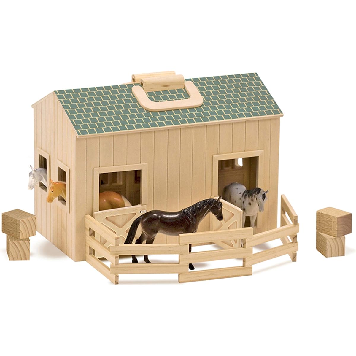 Melissa & Doug Fold and Go Wooden Horse Stable Dollhouse with Handles and Toy Horses (11 Pieces)