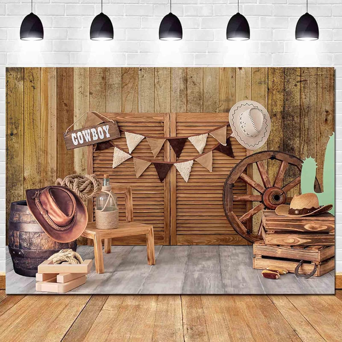 Western Cowboy Theme Photo Backdrop 72.8 x 43.3 Inch Old Western Cowboy Kids Birthday Party Photo Booth Props Banner Wild West Wooden House Barn Door Photo Backdrop Decor