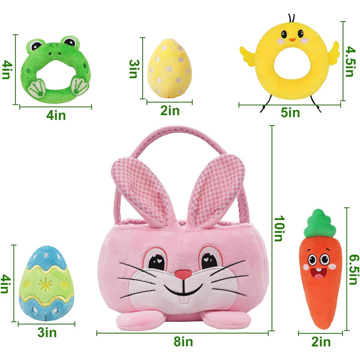 Treory Baby's First Easter Basket Playset, 6pcs Plush Easter Basket Pink Bunny Chick Carrot Egg Frog Baby Easter Basket Stuffer Toys Easter Gifts for Girls Kids Easter Decorations