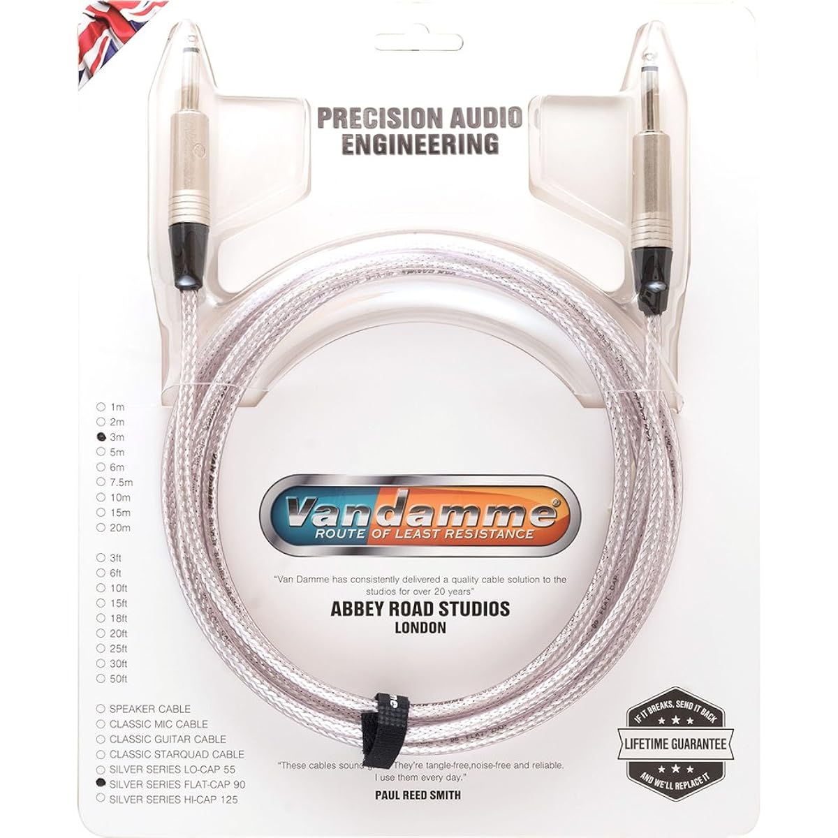 Van Damme Silver Series Flat-Cap 90 Straight Plug Instrument Cable 3m [Official Japanese Import]