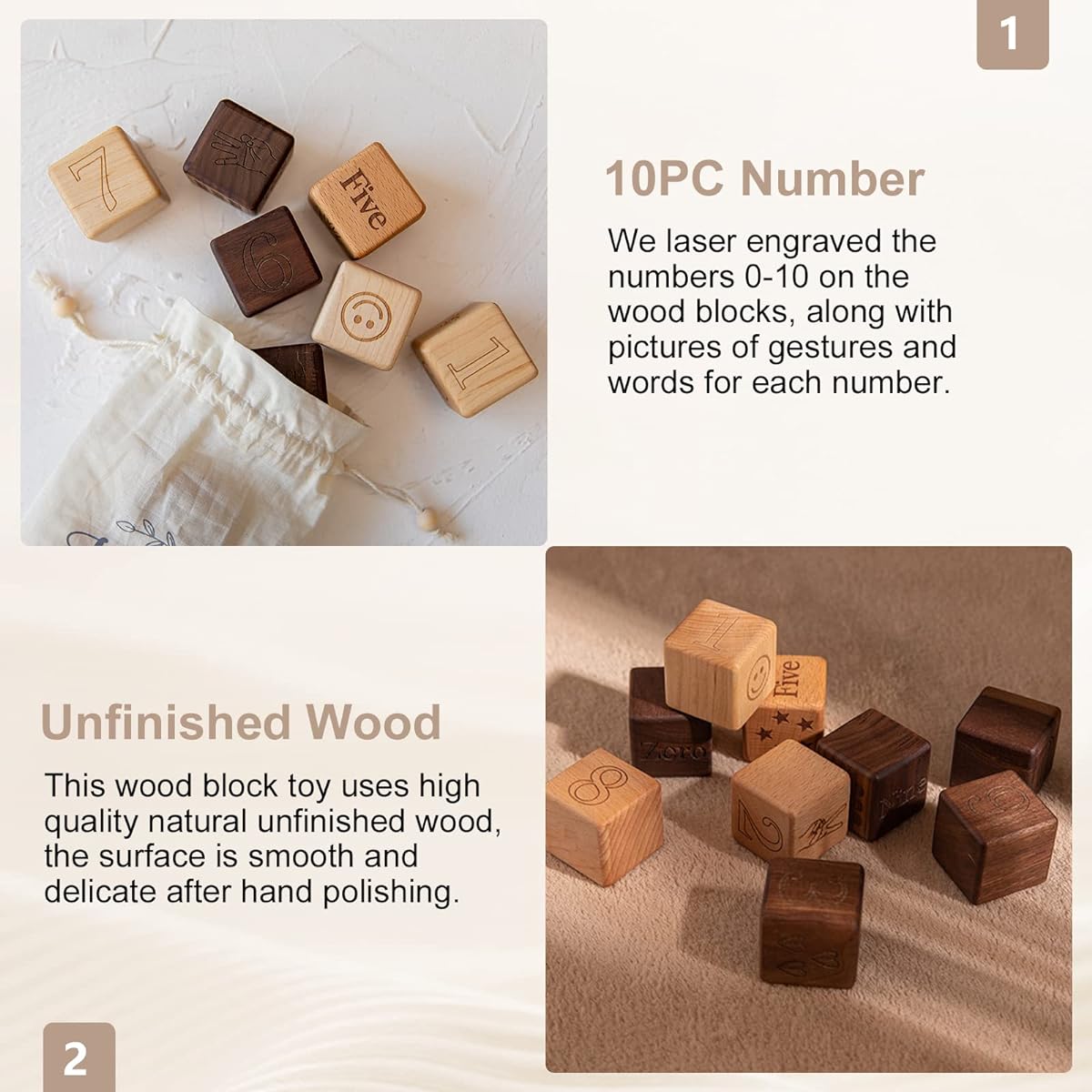 10pcs Number Building Wooden Blocks for Toddlers 1-3+ | Montessori Letter Number and Gesture Icons Preschool Educational Gifts for Boys and Girls