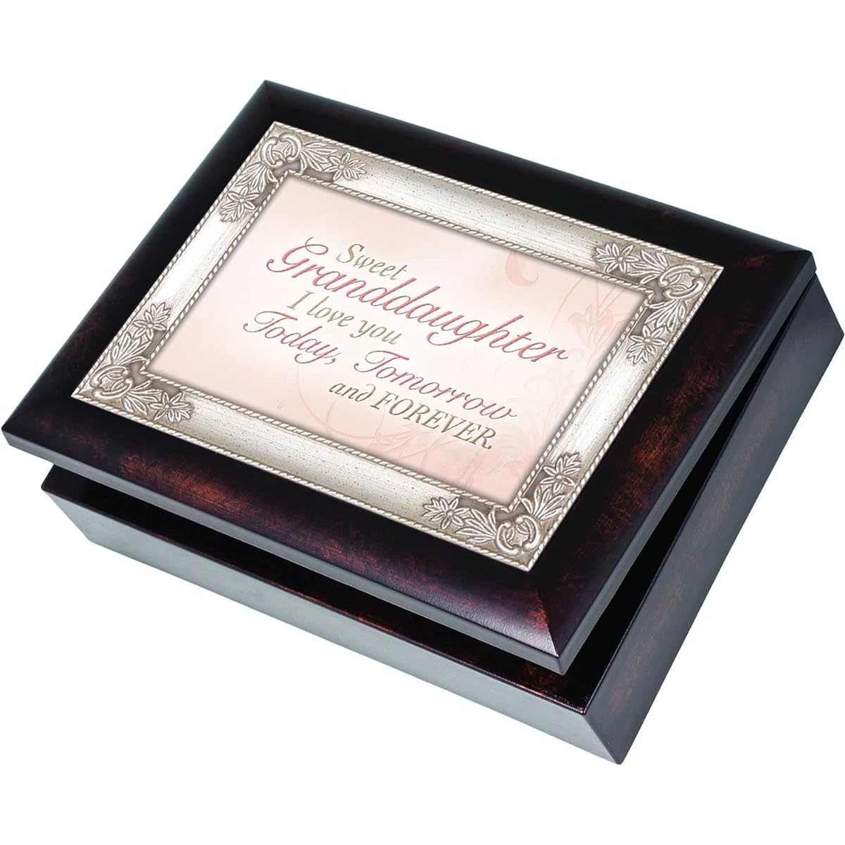 Cottage Garden Sweet Granddaughter Dark Wood Finish Jewelry Music Box Curved "You are My Sunshine"