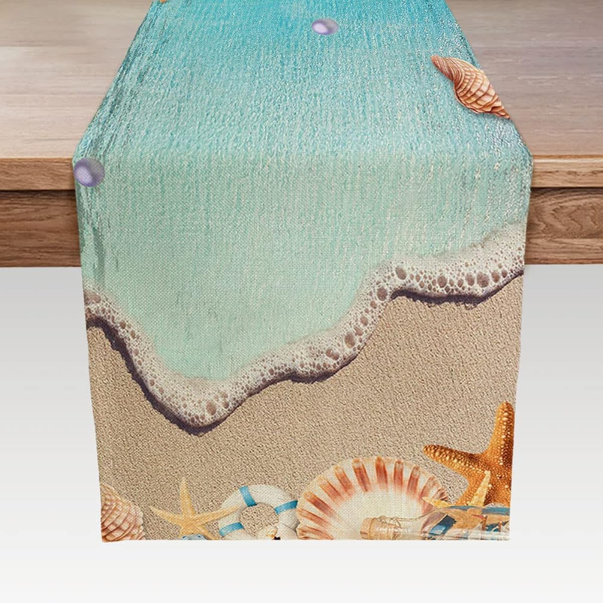 Summer Table Runner Tropical Ocean Beach Sea Starfish Shells Seahorse Linen Table Runner for Family Dinner/Wedding/Outdoor Indoor Party Holiday Kitchen Dining Table Decoration 13 x 72 Inch