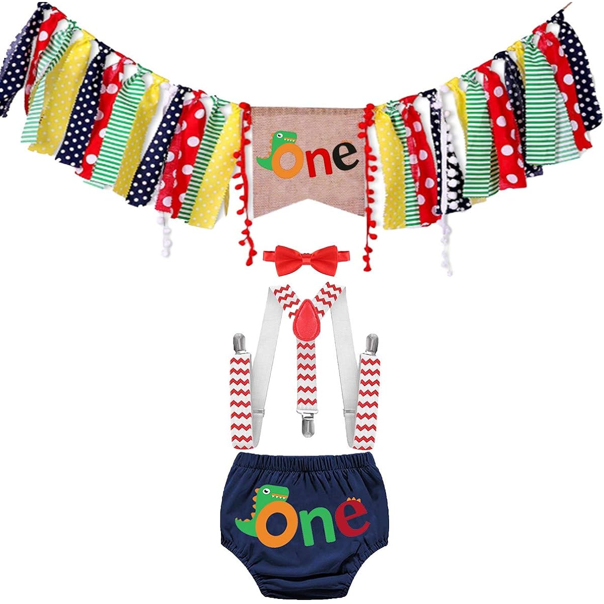 HIHCBF Baby Dinosaur Cake Smash Costume 1st Birthday Photo Shoot Decoration Kit High Chair Banner Bloomers Suspender Bowtie