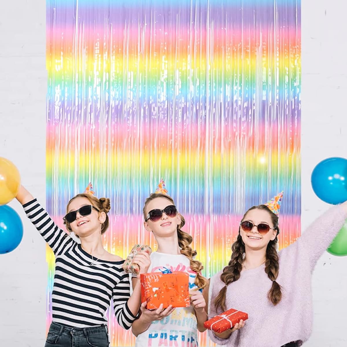 Buerhomie 2 Pack 3.3 x 6.6 ft Macaron Rainbow Foil Fringe Curtain Backdrop