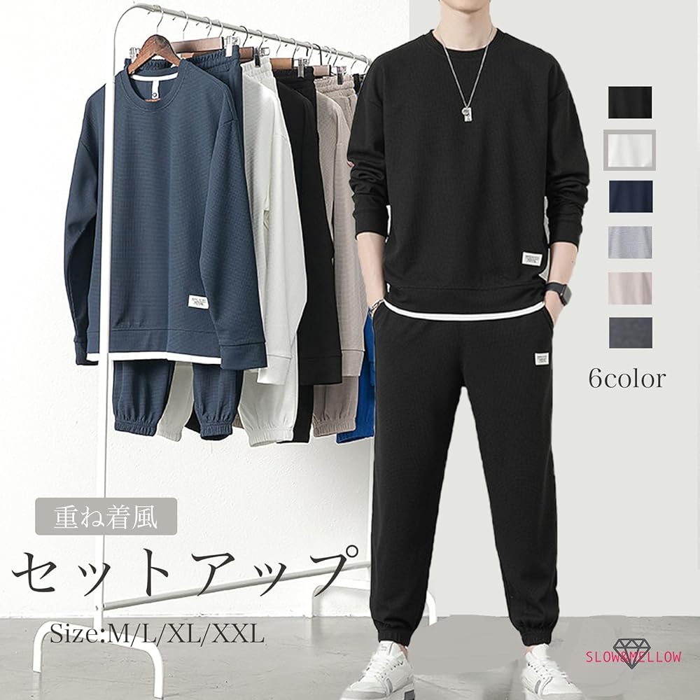 [SLOW & MELLOW] Setup Waffle Fabric Top and Bottom Set Layered Style Design Room Wear Casual Men's Long Sleeve Pants Sports Simple Room Wear 4 Colors