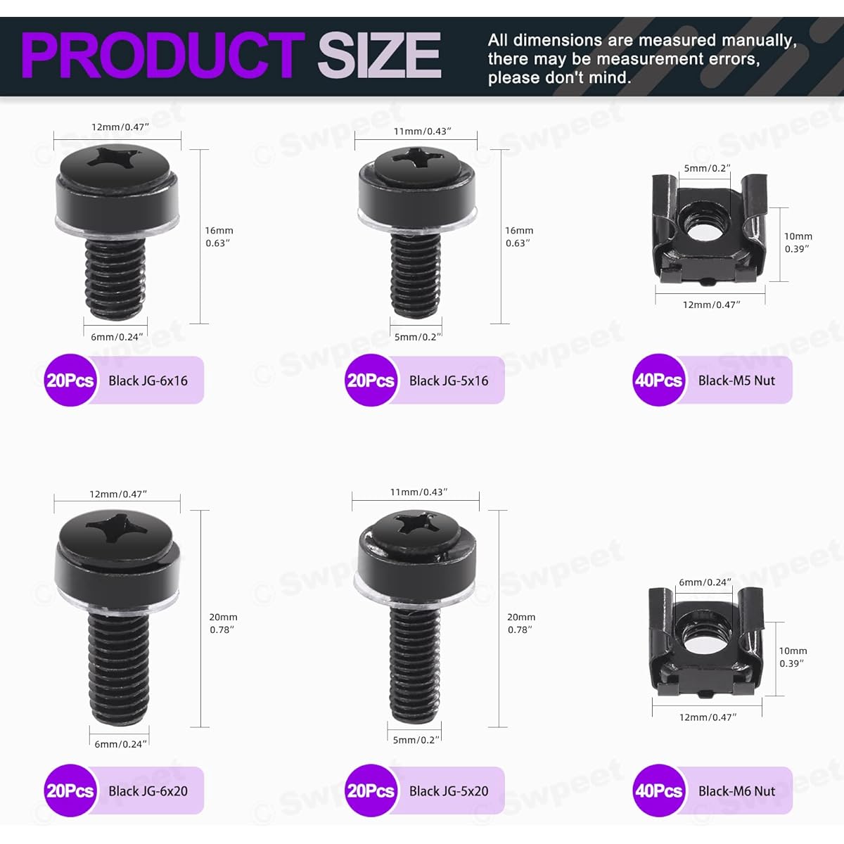 Swpeet 80 Pack 4 Sizes M5 M6 Black Computer Mount Cage Nuts and Screws Metal & Plastic Washers Assortment Kit Square Hole Hardware Cage Nuts & Mounting Screw Washers