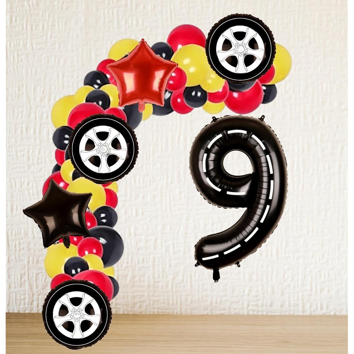 Race Car Balloons Wheel Tire Balloons 9th Birthday Party Decorations for Boys Foil Mylar Race Car Truck Bike Theme Party Supplies Favors Anniversary Decor Black and Red