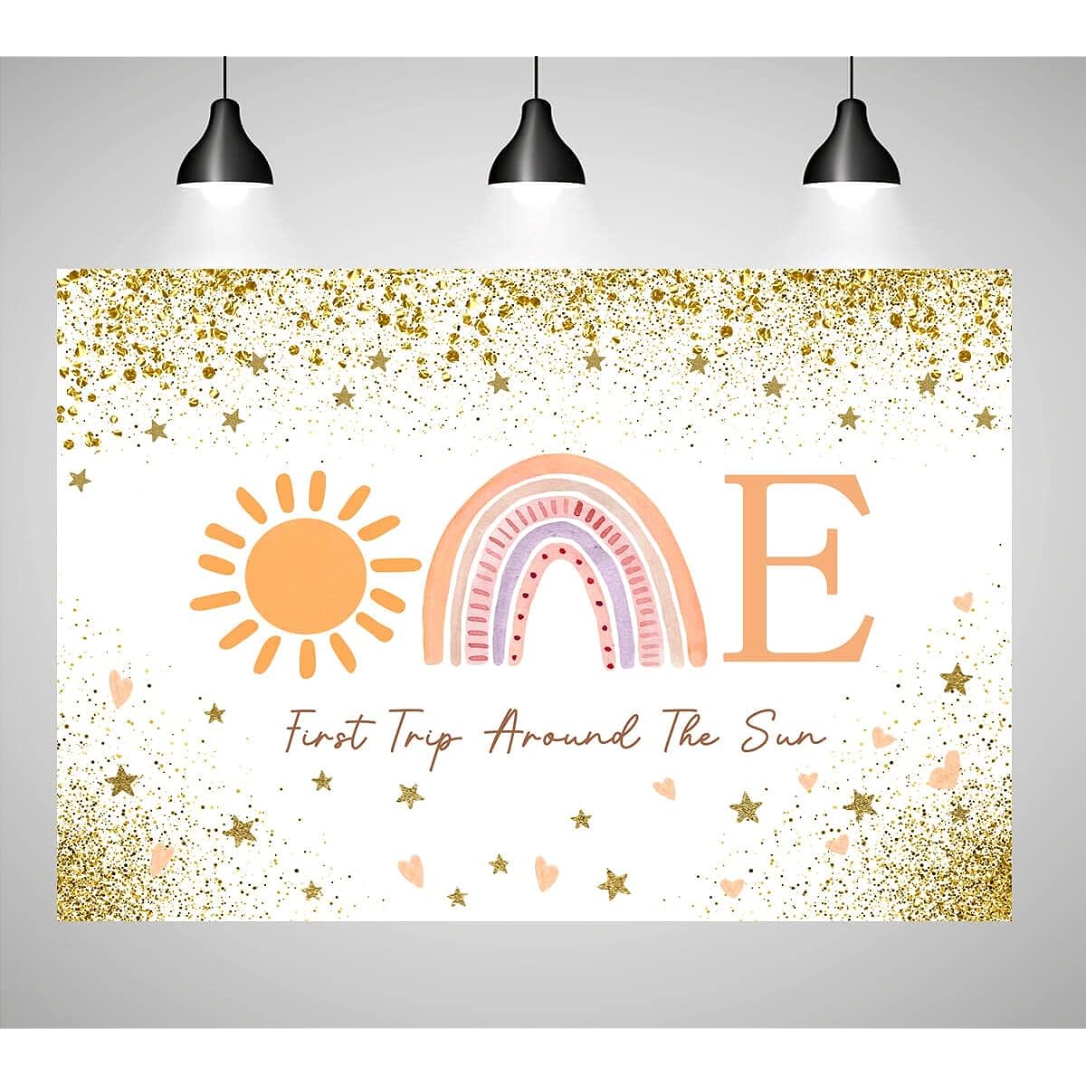 First Trip Around The Sun Backdrop Sunshine Boho Rainbow 1st Birthday Photo Background Decorations Gold Glitter Foil Baby Shower Cake Table Banner Supplies 5x3ft
