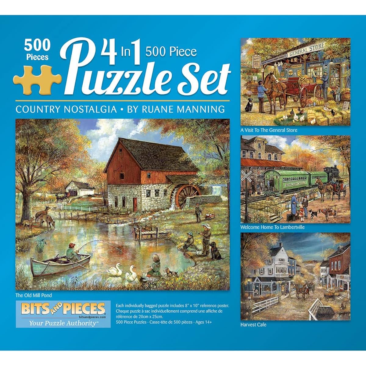 Bits and Pieces - Multi-Pack (4) 4-in-1 500 Piece Jigsaw Puzzle for Adults - Puzzle Dimensions 16" x 20" - 500 Piece Country Pond Harvest Cafe House General Store Jigsaw Puzzle by Artist Ruane Manning