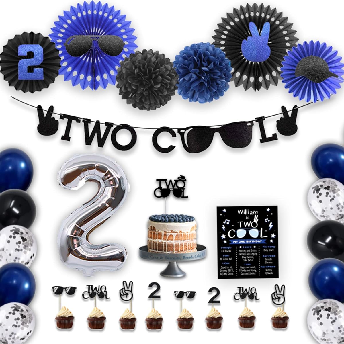 Hombae 2 Cool Birthday Party Decorations, 2nd Birthday Decorations for Boys, 2nd Birthday Boy, 2nd Birthday Boy, 2 Cool Banner Cake Topper Paper Fans, Cutouts 2 Foil Balloons 2 Cool Posters