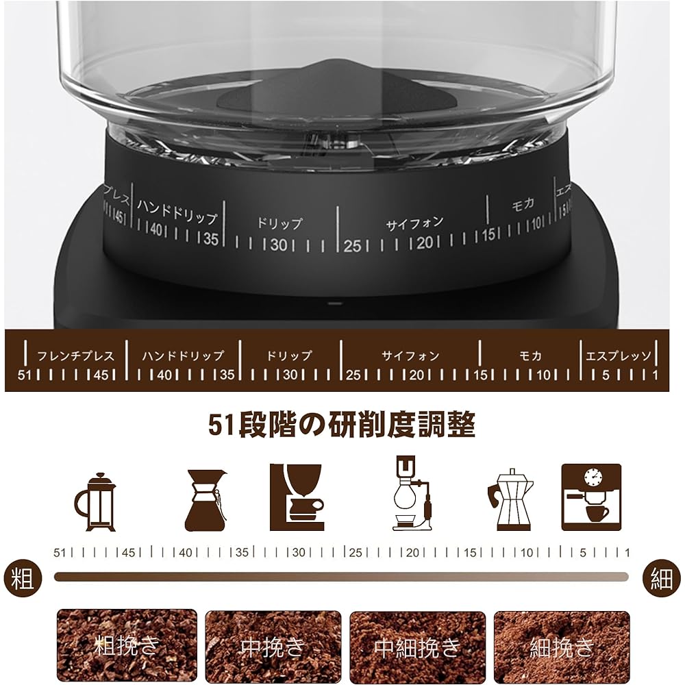 BelleLife Electric Coffee Mill, Electric Coffee Grinder, Cone Type Coffee Grinder, Extra Fine to Coarse Grind, 51 Levels of Particle Size Settings, Coffee Grinder, Small Coffee Mill, Static Dispersion Prevention, Large Capacity, Bean Grind, Powder, Remov