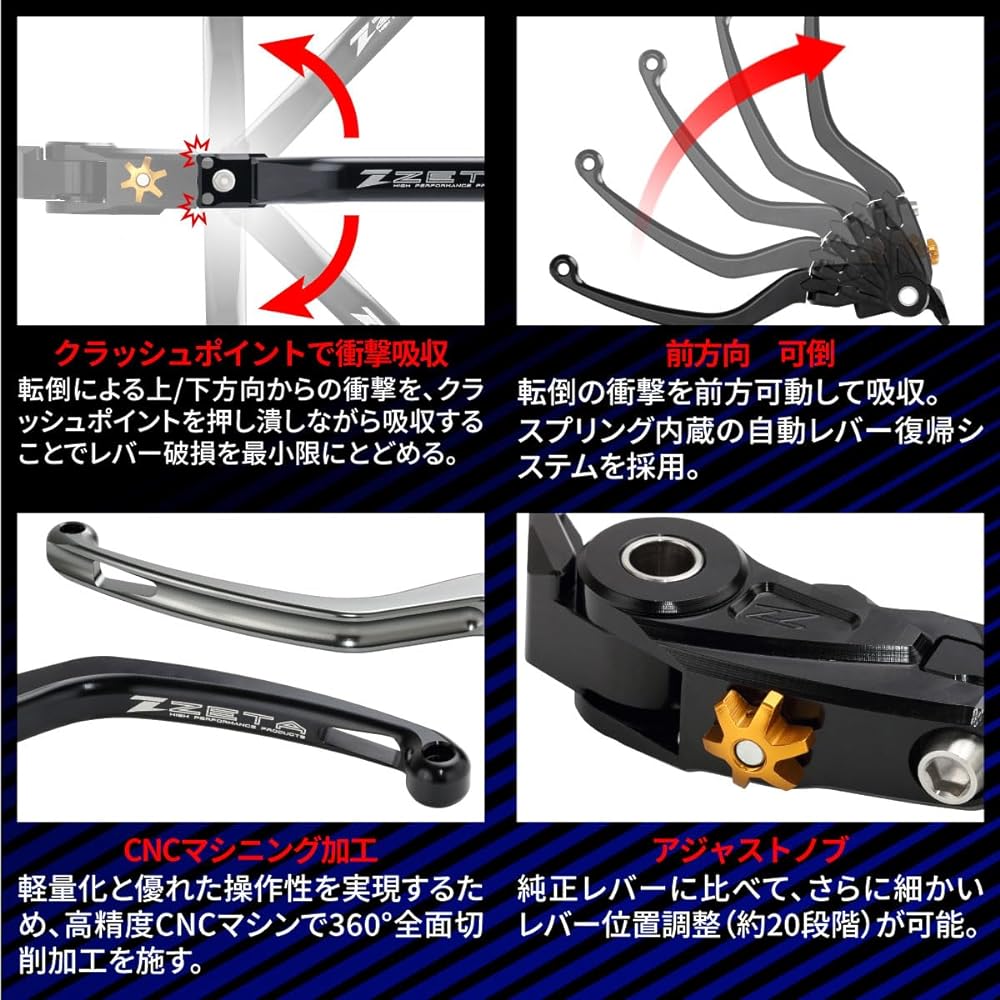 ZETA RACING Pilot Lever Clutch Black Hayabusa, Bandit, GSX1400, GS1200SS, V-Strom 1050DE...etc. Foldable High Strength Aluminum Alloy Lever Position Adjustment (Approx. 20 Levels) Automatic Lever Return System Dirtfreak ZS61-2425