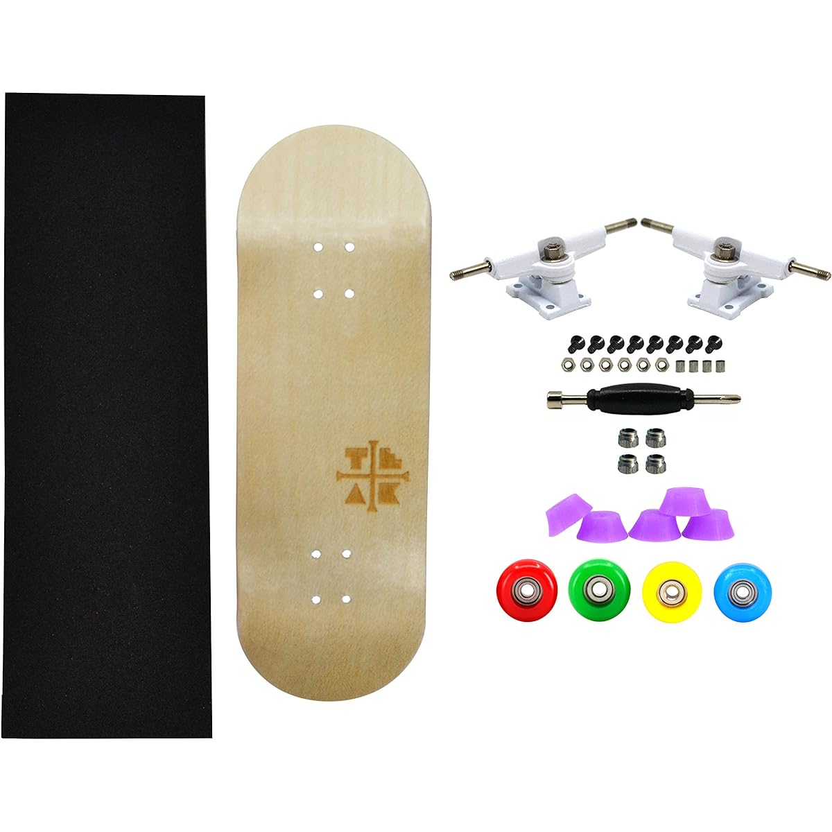PROlific Complete Fingerboard with Upgrade Components - Proboard Shape and Size, Bearings, Wheels, Trucks, Lock Nuts - 32mm x 97mm Handcrafted Wood Board - All Awesome Edition