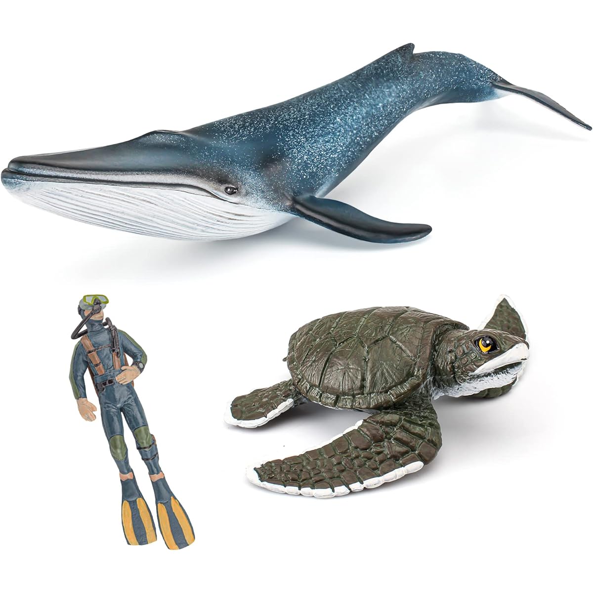 Ocean Animal Figure Toy Playset 3pcs Diver Blue Whale Sea Turtle Model Toy Desktop Decoration Collection Party Favors Toys for Boys Girls Kids
