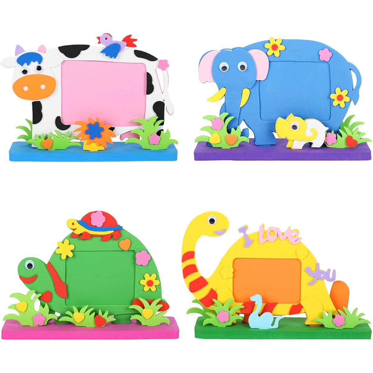 Whaline 8 Pieces Animal Themed Photo Frames Cow Elephant Tortoiseshell Dinosaur Picture Frame Craft Special Shape DIY Foam Picture Frame Craft Kit for Kids Animal Party Favors Photo Decorations