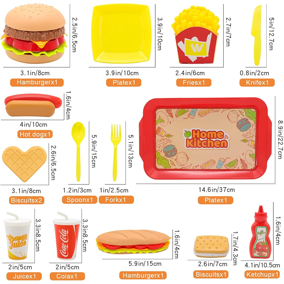 Sotodik Pretend Food Set for Kids, Detachable Fast Food Playset with Tray, Hamburger, Hot Dog, Fries Combo, Pretend Kitchen Accessories, Role Play Toys, Educational Gifts for Kids, Boys, Girls (15 Pieces)
