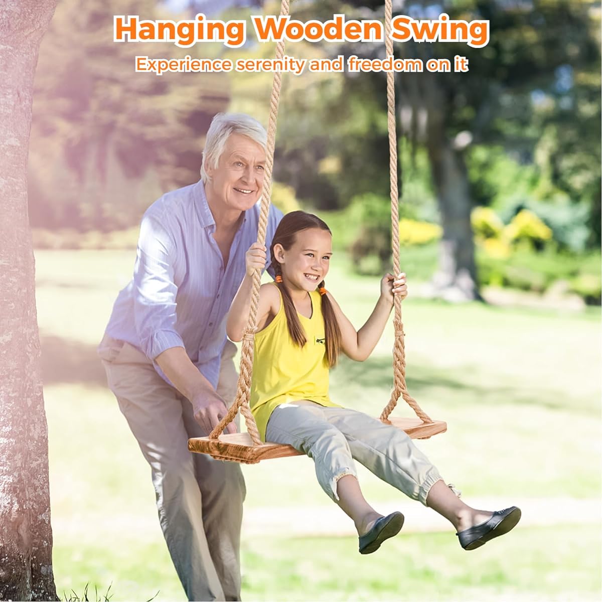 Wooden Swing for Adults Wooden Tree Swing 500 lbs Load Capacity Adjustable Hemp Rope and Tree Strap 100 Inch Waterproof for Indoor/Backyard/Garden/Playground