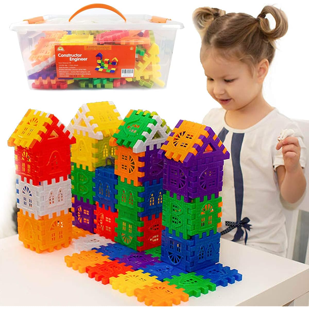 RAINBOW TOYFROG Waffle Blocks for Toddlers & Kids - 96 Piece STEM Building Toy with Plastic Storage Container - Ages 3+
