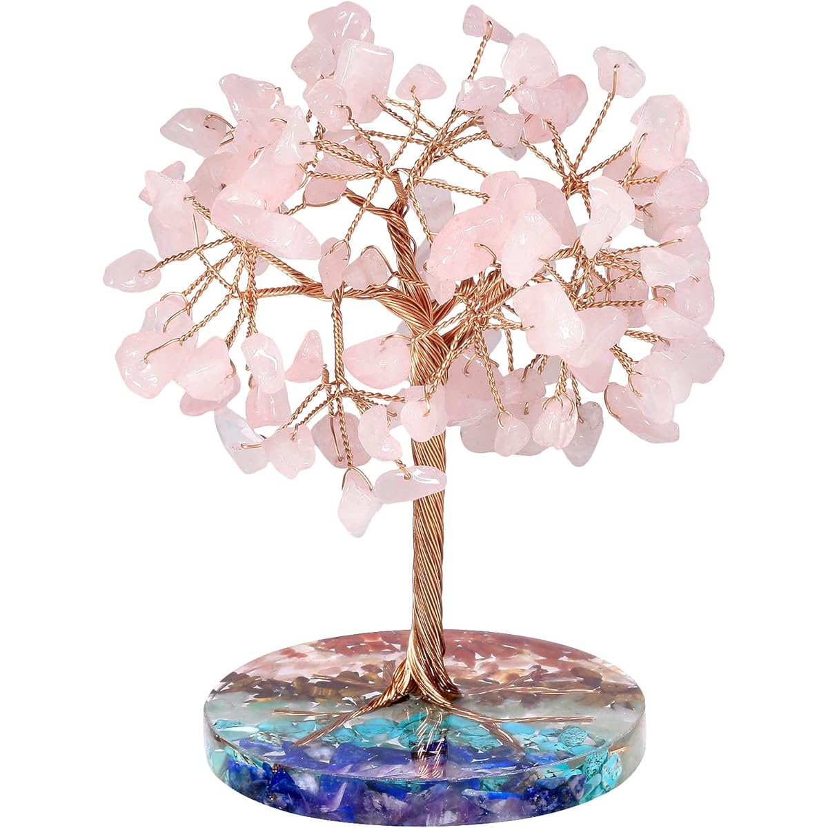 rockcloud Rose Quartz Crystal Copper Wire Money Tree Round Colorful Resin Base Handmade Bonsai Stone Tree Office Home Table Decor Pink