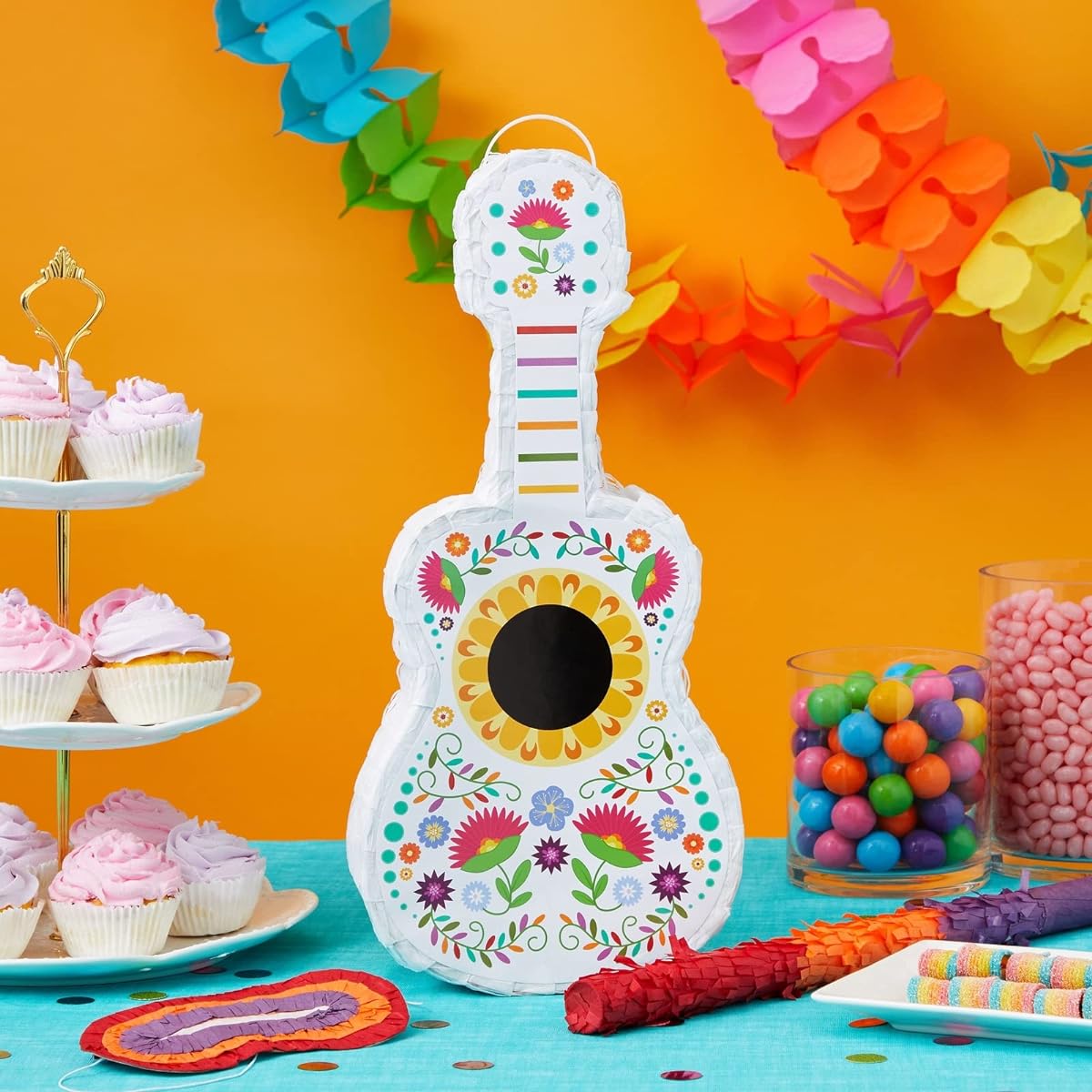 3 Piece Floral Guitar Pinata Bundle with Blindfold and Bat for Kids Birthday Party Cinco de Mayo (17 x 10 x 3 inches)