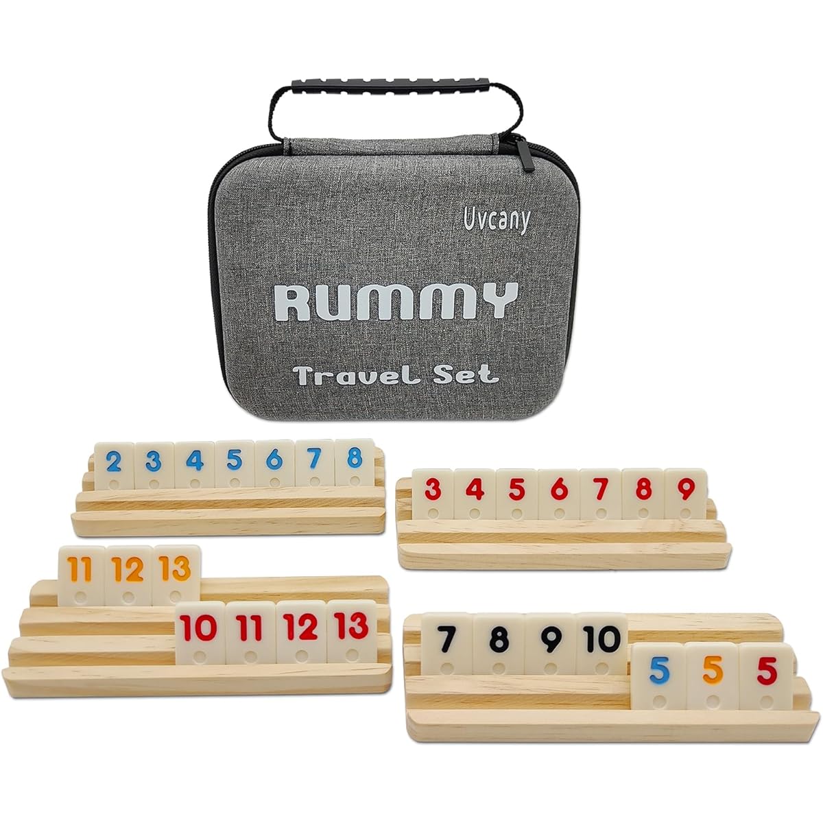 Rummy Cube Travel Game with Case and 4 Wooden Racks/Trays, 106 Rummy Travel Size Tiles, Game Set, Classic Travel Board Game Set with 4 Tile Holders, Great for Families